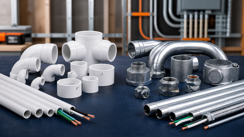PVC and metal conduit fittings arranged for comparison