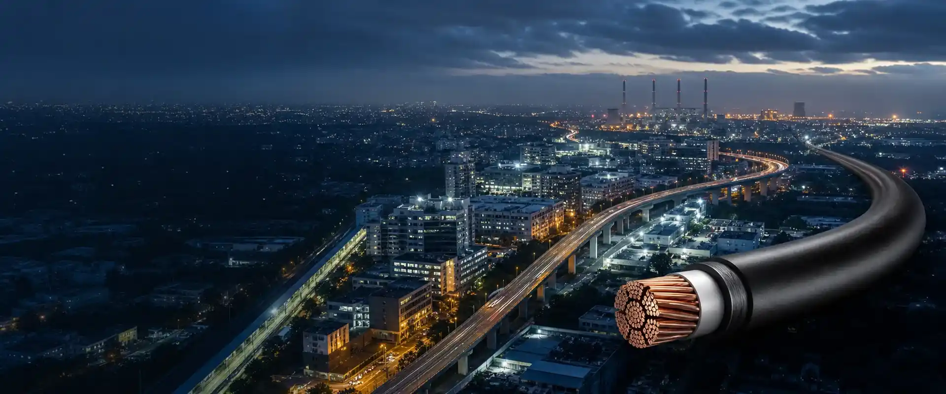 Aerial city infrastructure connected by an industrial copper power cable